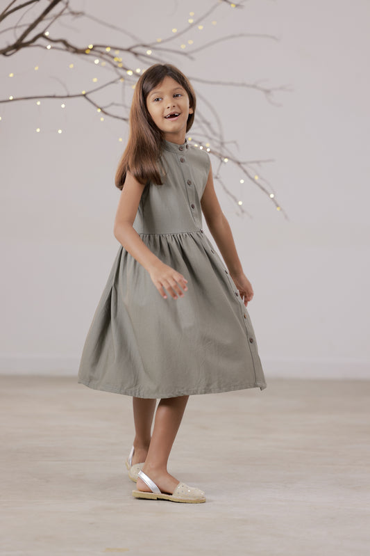 High Collar Front Full Open Dress - Olive Green